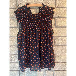 Maeve Navy & Orange Polka Dot Sleeveless Smocked Blouse